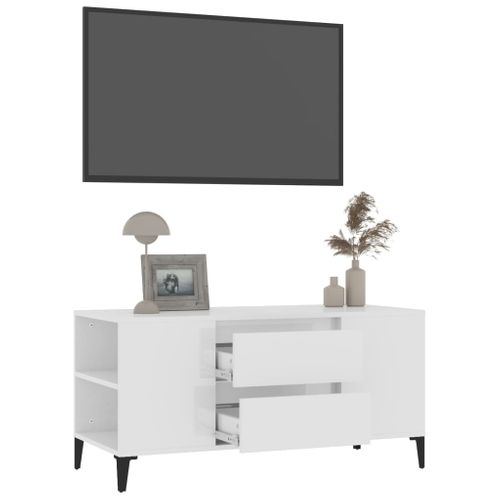 Meuble TV Blanc Brillant 102x44,5x50 Cm Bois Contreplaqué
