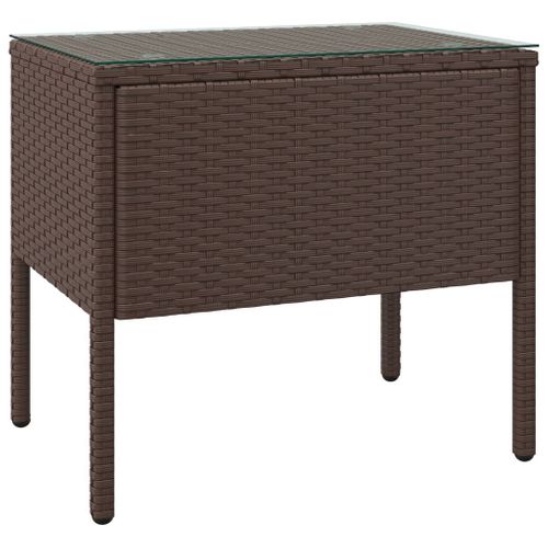 Table D'appoint Marron 53x37x48 Cm Poly Rotin Et Verre Trempé