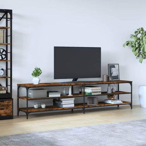 Meuble TV Chêne Fumé 200x30x50 Cm Bois Contreplaqué Et Métal