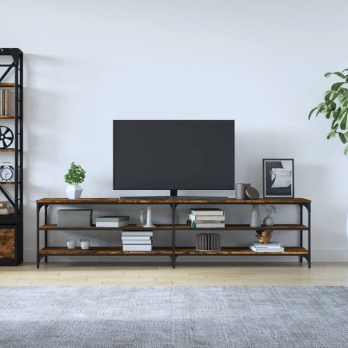 Meuble TV Chêne Fumé 200x30x50 Cm Bois Contreplaqué Et Métal