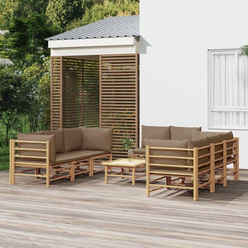 Salon De Jardin 9 Pièces Avec Coussins Taupe Bambou