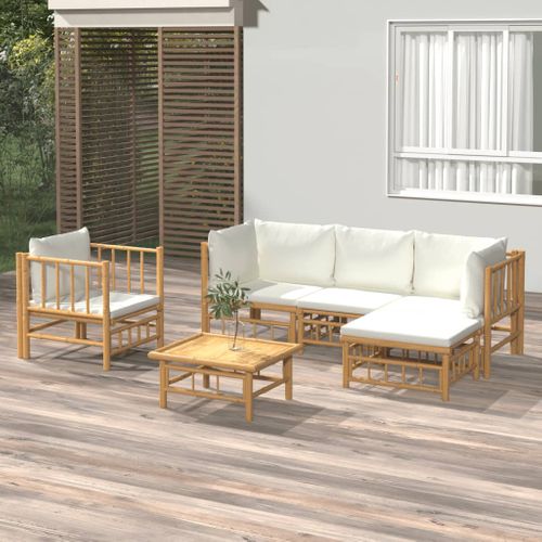 Salon De Jardin 6 Pièces Avec Coussins Blanc Crème Bambou