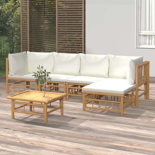 Salon De Jardin 6 Pièces Avec Coussins Blanc Crème Bambou