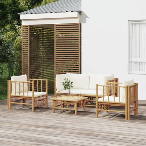 Salon De Jardin 5 Pièces Avec Coussins Blanc Crème Bambou