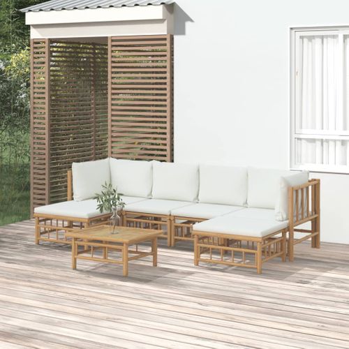 Salon De Jardin 7 Pièces Avec Coussins Blanc Crème Bambou