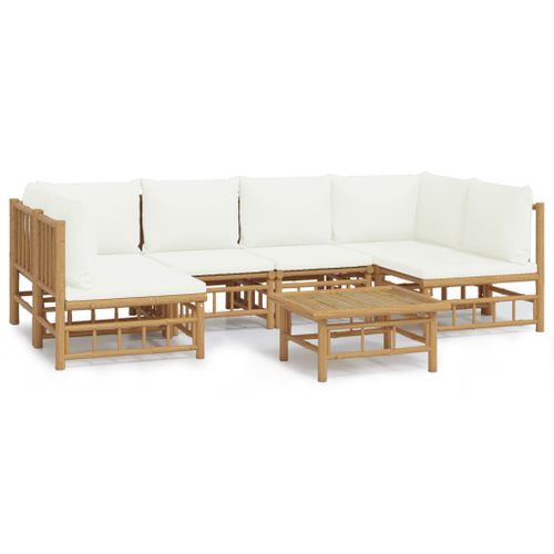 Salon De Jardin 7 Pièces Avec Coussins Blanc Crème Bambou