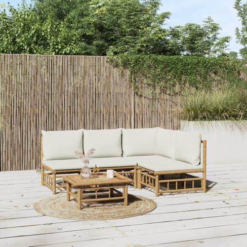 Salon De Jardin 5 Pièces Avec Coussins Blanc Crème Bambou