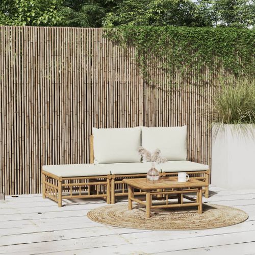 Salon De Jardin 4 Pièces Avec Coussins Blanc Crème Bambou
