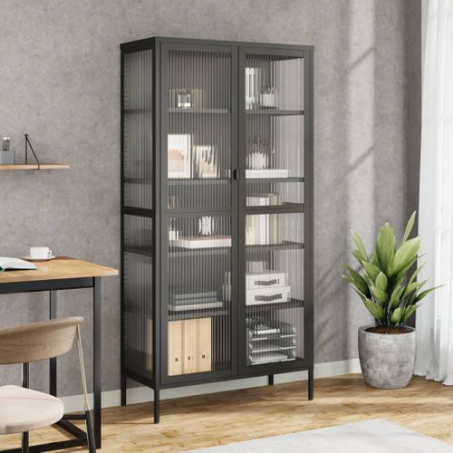 Buffet Haut Noir 85x40x180 Cm Verre Et Acier