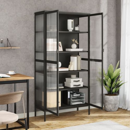 Buffet Haut Noir 85x40x180 Cm Verre Et Acier