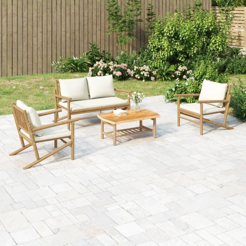 Salon De Jardin 4 Pièces Avec Coussins Blanc Crème Bambou