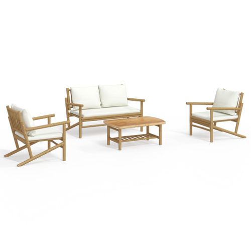 Salon De Jardin 4 Pièces Avec Coussins Blanc Crème Bambou