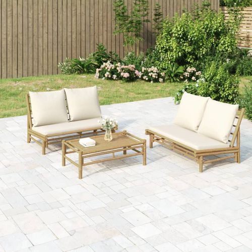 Salon De Jardin 3 Pièces Avec Coussins Blanc Crème Bambou