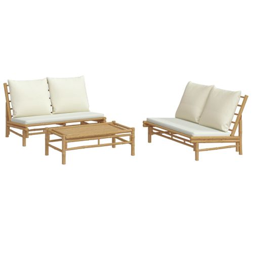 Salon De Jardin 3 Pièces Avec Coussins Blanc Crème Bambou