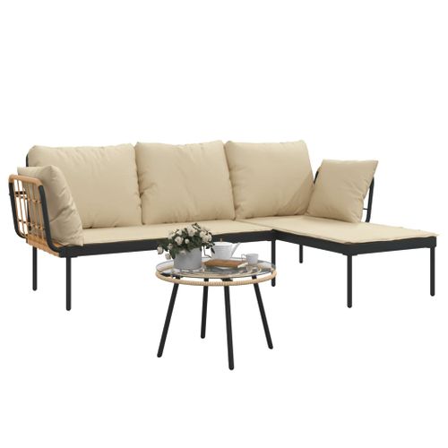 Salon De Jardin 3 Pièces Avec Coussins Beiges Résine Tressée Mobilier Ensemble De Meubles