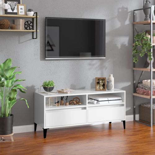 Meuble TV Blanc Brillant 100x34,5x44,5 Cm Bois Contreplaqué