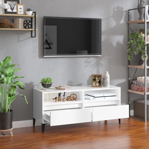 Meuble TV Blanc Brillant 100x34,5x44,5 Cm Bois Contreplaqué
