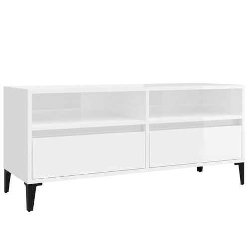 Meuble TV Blanc Brillant 100x34,5x44,5 Cm Bois Contreplaqué