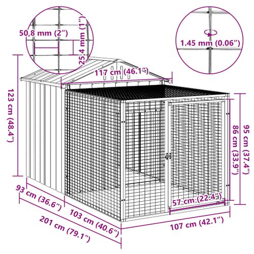 Cage à Poules Avec Enclos et Maille Ventilée Anthracite 117x201x123 Cm Acier Galvanisé