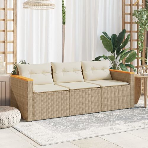 Canapé De Jardin Avec Coussins 3 Places Beige Résine Tressée