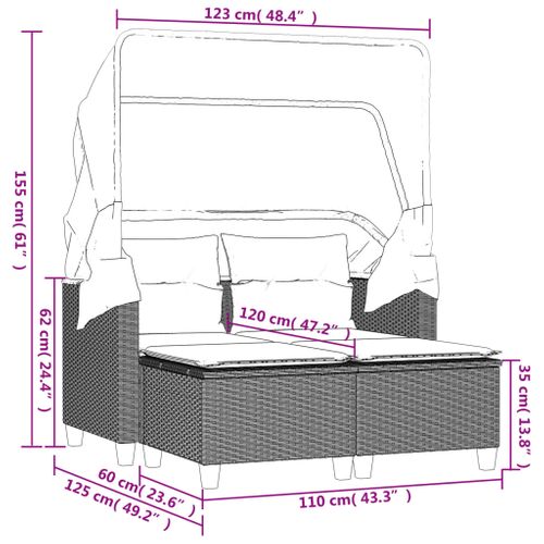 Canapé De Jardin 2 Places Avec Auvent Et Tabourets Gris Rotin