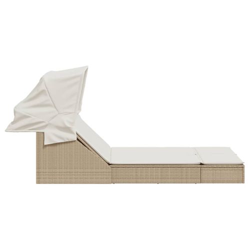 Chaise Longue Double Avec Auvent Et Coussins Beige Poly Rotin