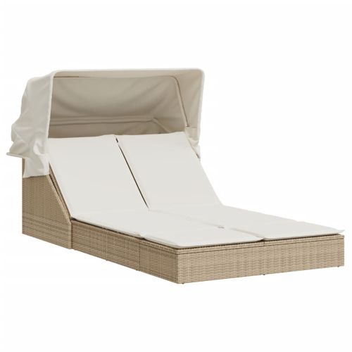 Chaise Longue Double Avec Auvent Et Coussins Beige Poly Rotin