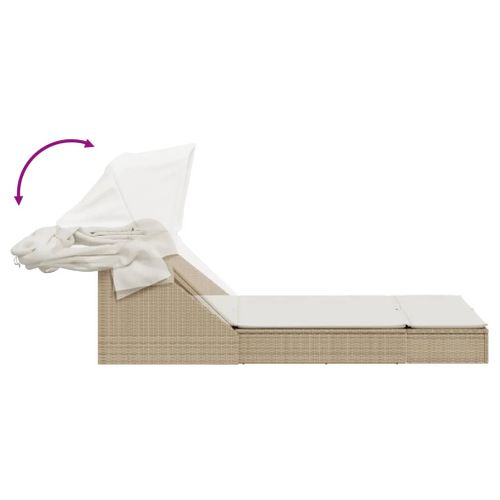 Chaise Longue Double Avec Auvent Et Coussins Beige Poly Rotin