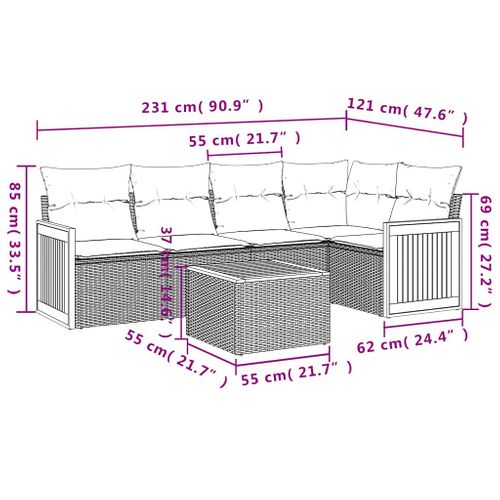 Salon De Jardin 6 Pièces Avec Coussins Noir Résine Tressée
