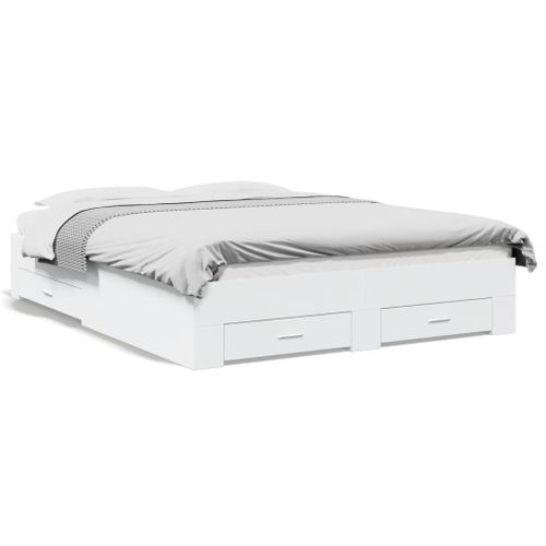 Cadre De Lit Avec Tiroirs Blanc 140x200 Cm Bois Contreplaqué Rangement Pratique