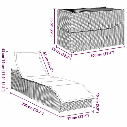 Chaise Longue Pliante Coussin Et Rangement Noir Résine Tressée