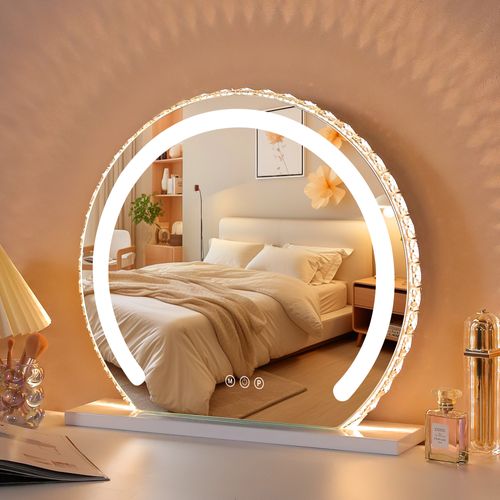 Miroir de Maquillage Rond avec Ruban LED intégré au miroir - Cadre Style Cristal - 50 x 45 cm
