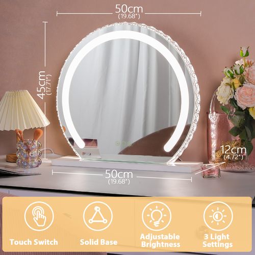 Miroir de Maquillage Rond avec Ruban LED intégré au miroir - Cadre Style Cristal - 50 x 45 cm