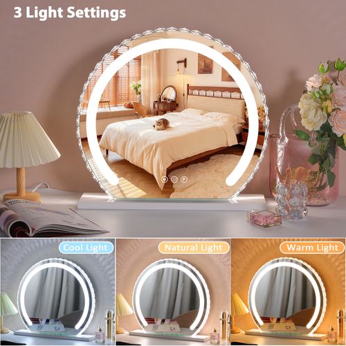 Miroir de Maquillage Rond avec Ruban LED intégré au miroir - Cadre Style Cristal - 50 x 45 cm