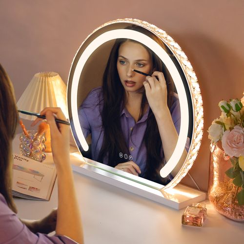 Miroir de Maquillage Rond avec Ruban LED intégré au miroir - Cadre Style Cristal - 50 x 45 cm