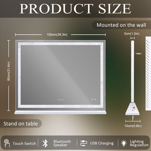 Miroir De Maquillage Hollywood Bluetooth Avec Bande Lumineuse En Cristal 100x80 Cm