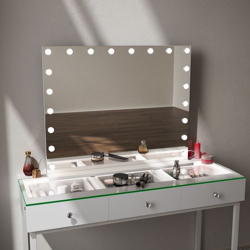 Grand Miroir De Maquillage Hollywood Coiffeuse Avec 20 LED Ampoules Mural 100x80 Cm