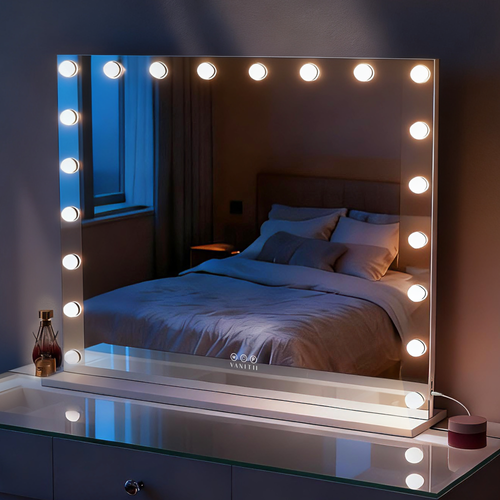 Grand Miroir De Maquillage Hollywood Coiffeuse Avec 20 LED Ampoules Mural 100x80 Cm