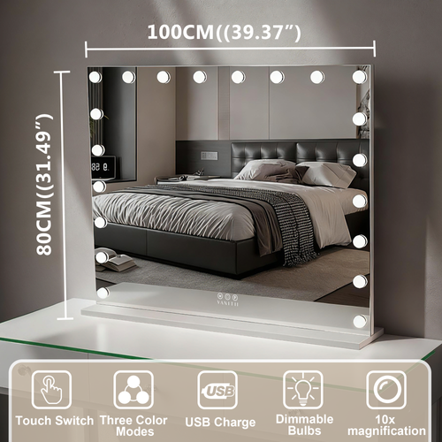 Grand Miroir De Maquillage Hollywood Coiffeuse Avec 20 LED Ampoules Mural 100x80 Cm