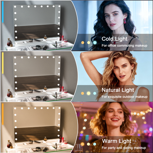 Grand Miroir De Maquillage Hollywood Coiffeuse Avec 20 LED Ampoules Mural 100x80 Cm