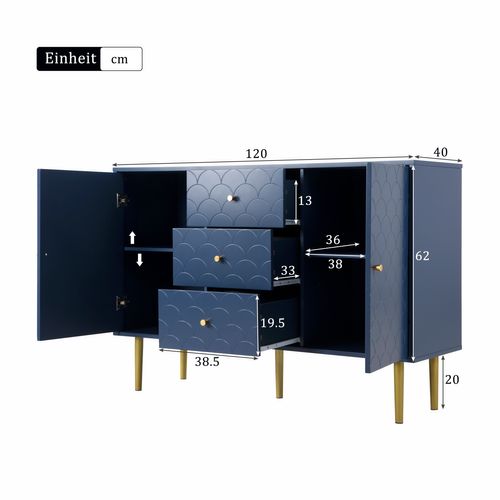 Buffet 2 Portes Et 3 Tiroirs, Étagères Réglables, Pour Salon, Bleu Marine - H82/l120/p40 Cm