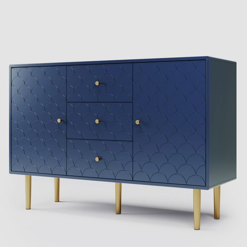 Buffet 2 Portes Et 3 Tiroirs, Étagères Réglables, Pour Salon, Bleu Marine - H82/l120/p40 Cm