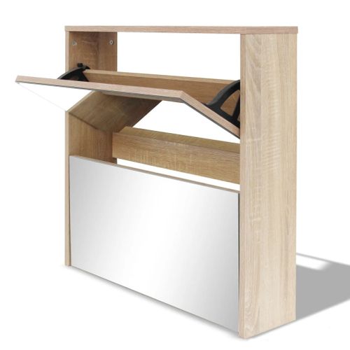 Meuble à Chaussures 2 Étages Avec Miroir 63x17x67 Cm Chêne