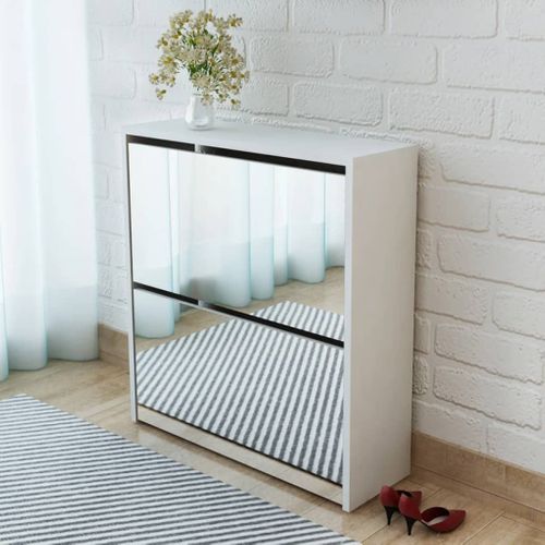 Meuble à Chaussures 2 Étages Avec Miroir 63x17x67 Cm Blanc