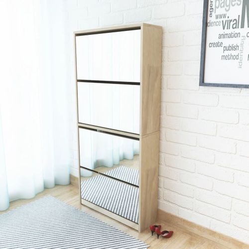Meuble à Chaussures 4 Étagères Avec Miroir 63x17x134 Cm Chêne