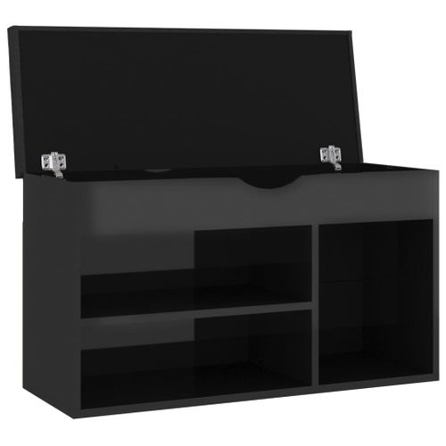 Banc à Chaussures Et Coussin Noir Brillant Bois D'ingénierie