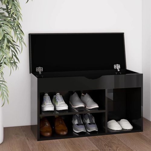 Banc à Chaussures Et Coussin Noir Brillant Bois D'ingénierie