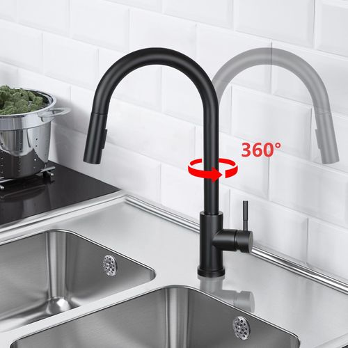 Robinet De Cuisine Noir En Acier Inoxydable Avec Douche Extractible à 360° Et 2 Jets