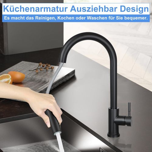 Robinet De Cuisine Noir En Acier Inoxydable Avec Douche Extractible à 360° Et 2 Jets