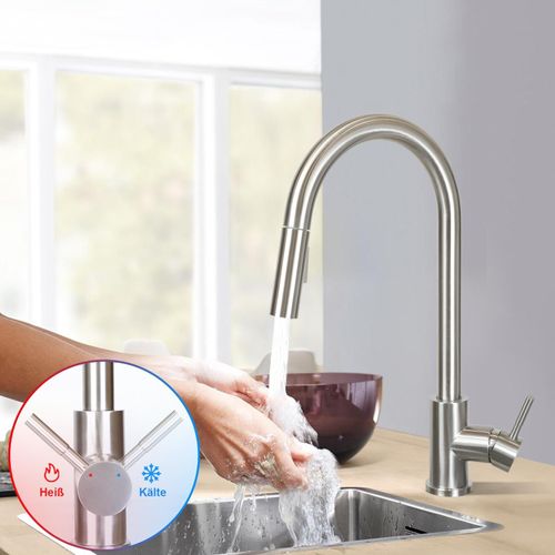 Robinet De Cuisine En Acier Inoxydable Avec Douche Extractible à Rotation 360° Et 2 Jets